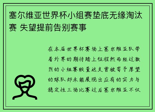 塞尔维亚世界杯小组赛垫底无缘淘汰赛 失望提前告别赛事