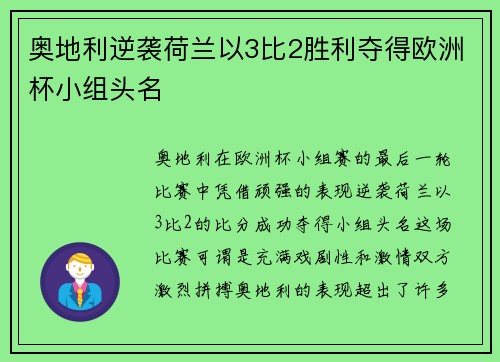 奥地利逆袭荷兰以3比2胜利夺得欧洲杯小组头名