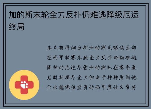 加的斯末轮全力反扑仍难逃降级厄运终局