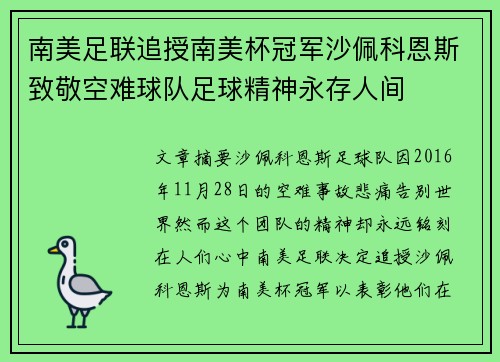 南美足联追授南美杯冠军沙佩科恩斯致敬空难球队足球精神永存人间